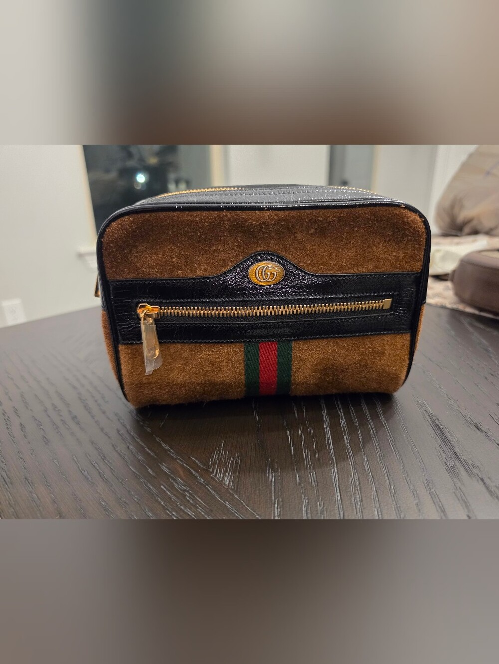 Gucci Brown Suede and Black Leather Belt Bag with Green & Red Stripe